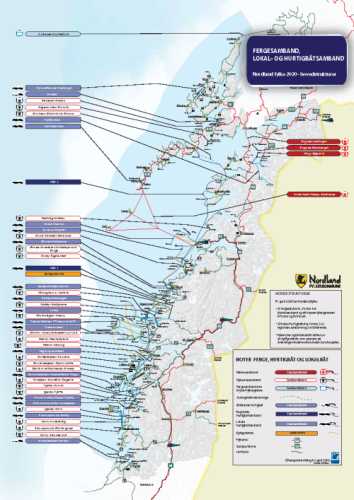 Kart som viser  fergesamband og hurtigbåtruter i Nordland fylke